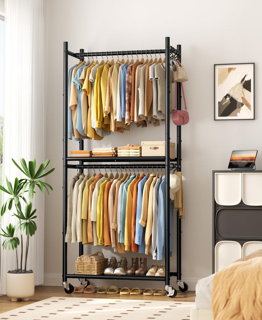 Clothes Rack, 79.7" Double-Tier Clothing Rack with Shelves&Wheels