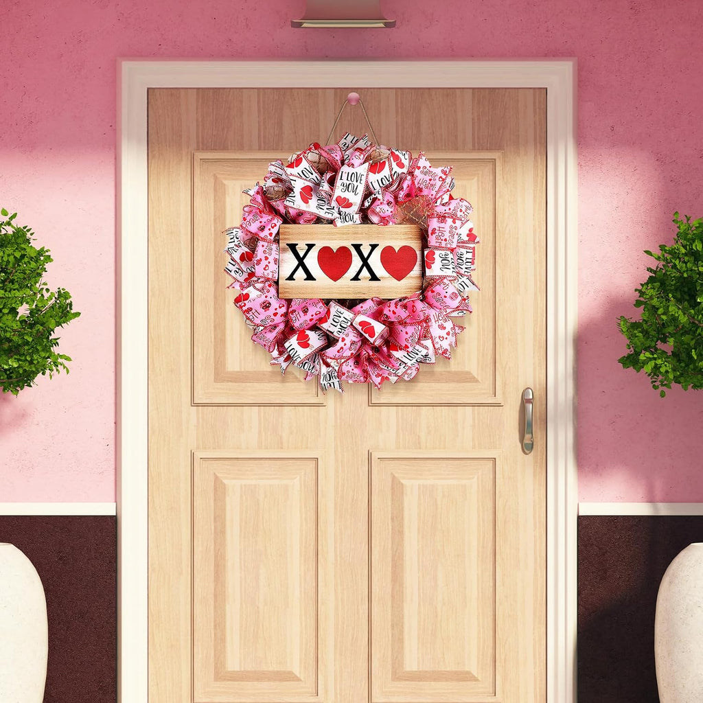 Valentine Wreaths 16 Inch Valentine's Day Wreath for Front Door Heart XOXO Pink Ribbon Mesh Decorations for Wall