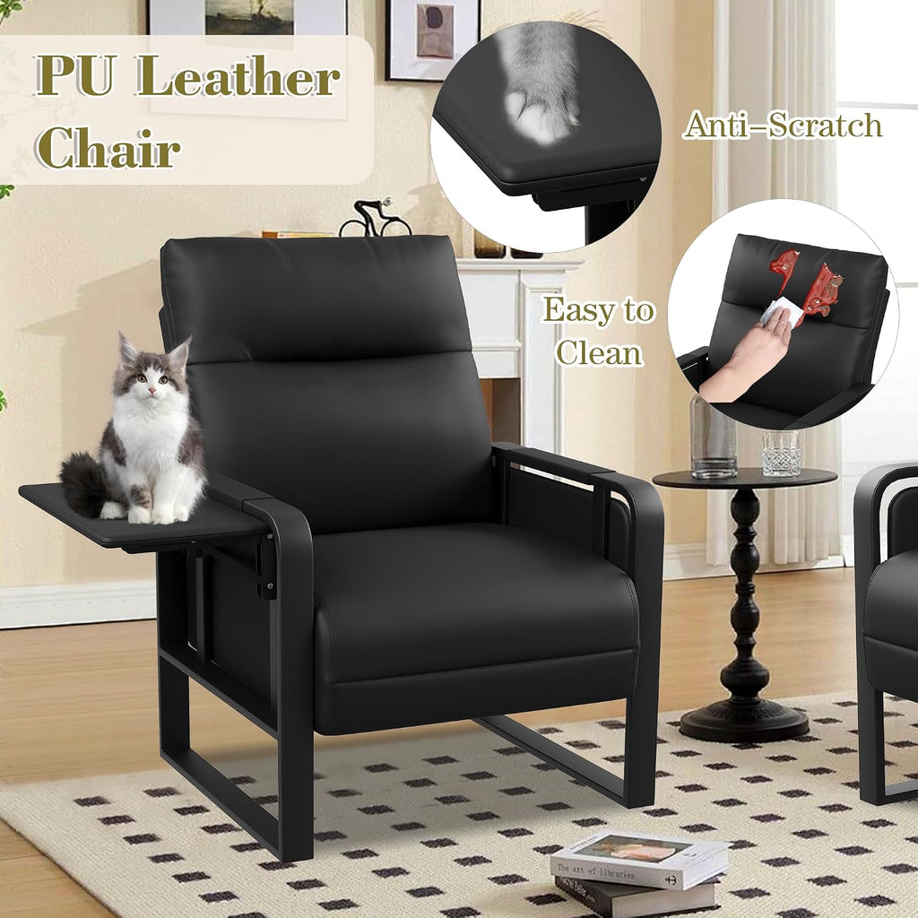 Black PU Leather Accent Chair Upholstered Armchair with Side Table