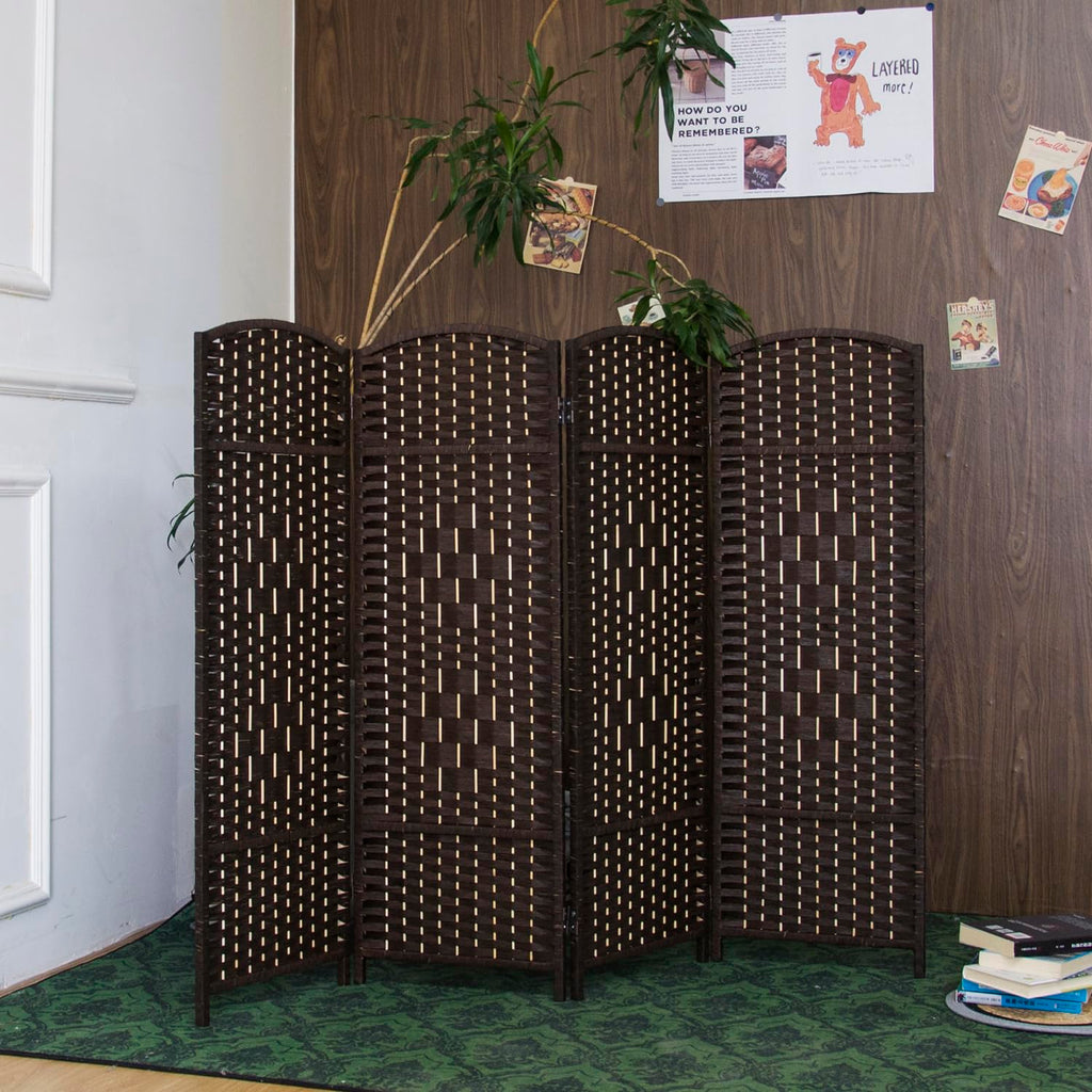 4 Panel Dark Brown Rattan Room Divider, 47.2" Low Height Double-Sided Folding Privacy Screen, Freestanding Partition