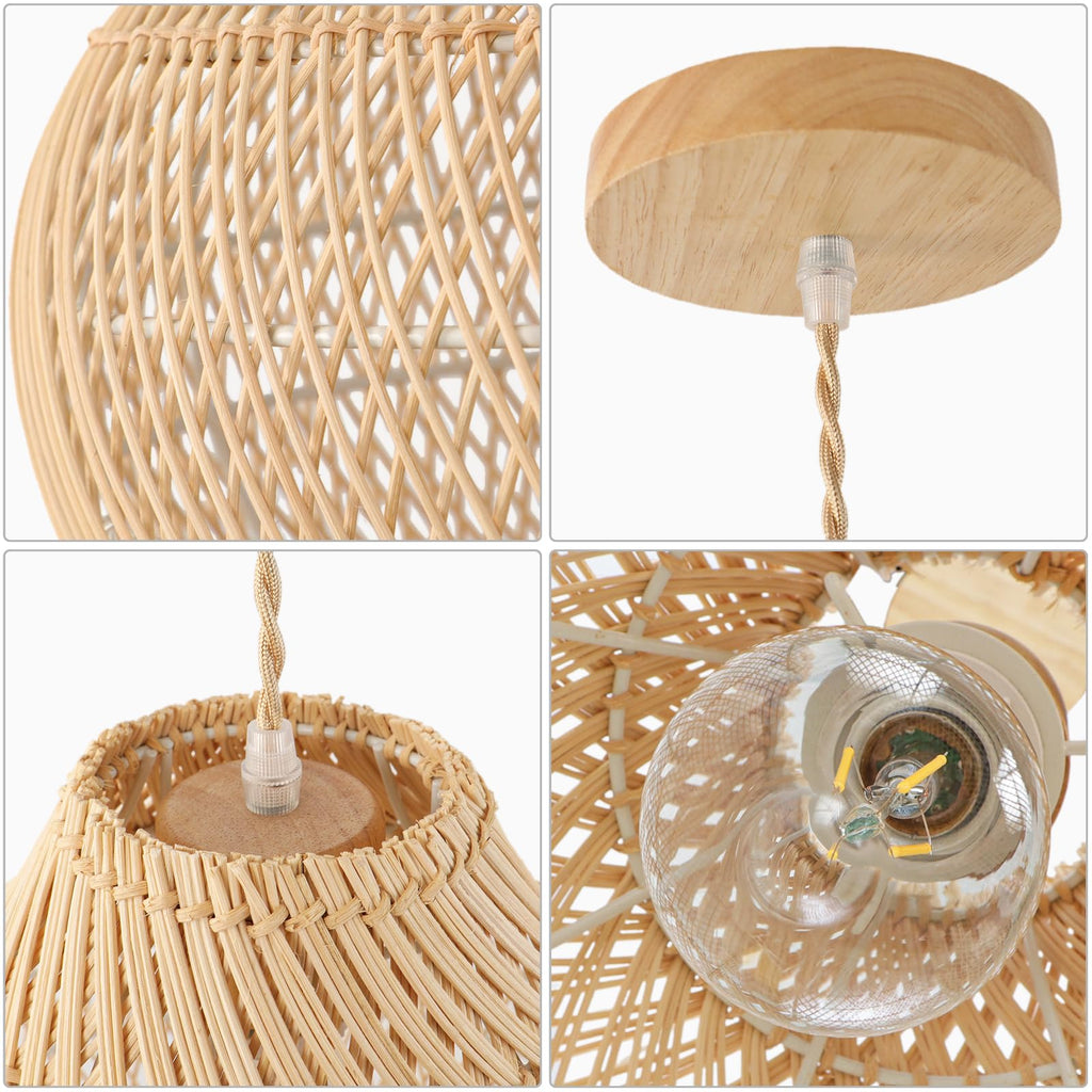 Rattan Boho Pendant Lights, 15.74'' Large Kitchen Island Wicker Chandelier, Hand Woven Farmhouse Pendant Light