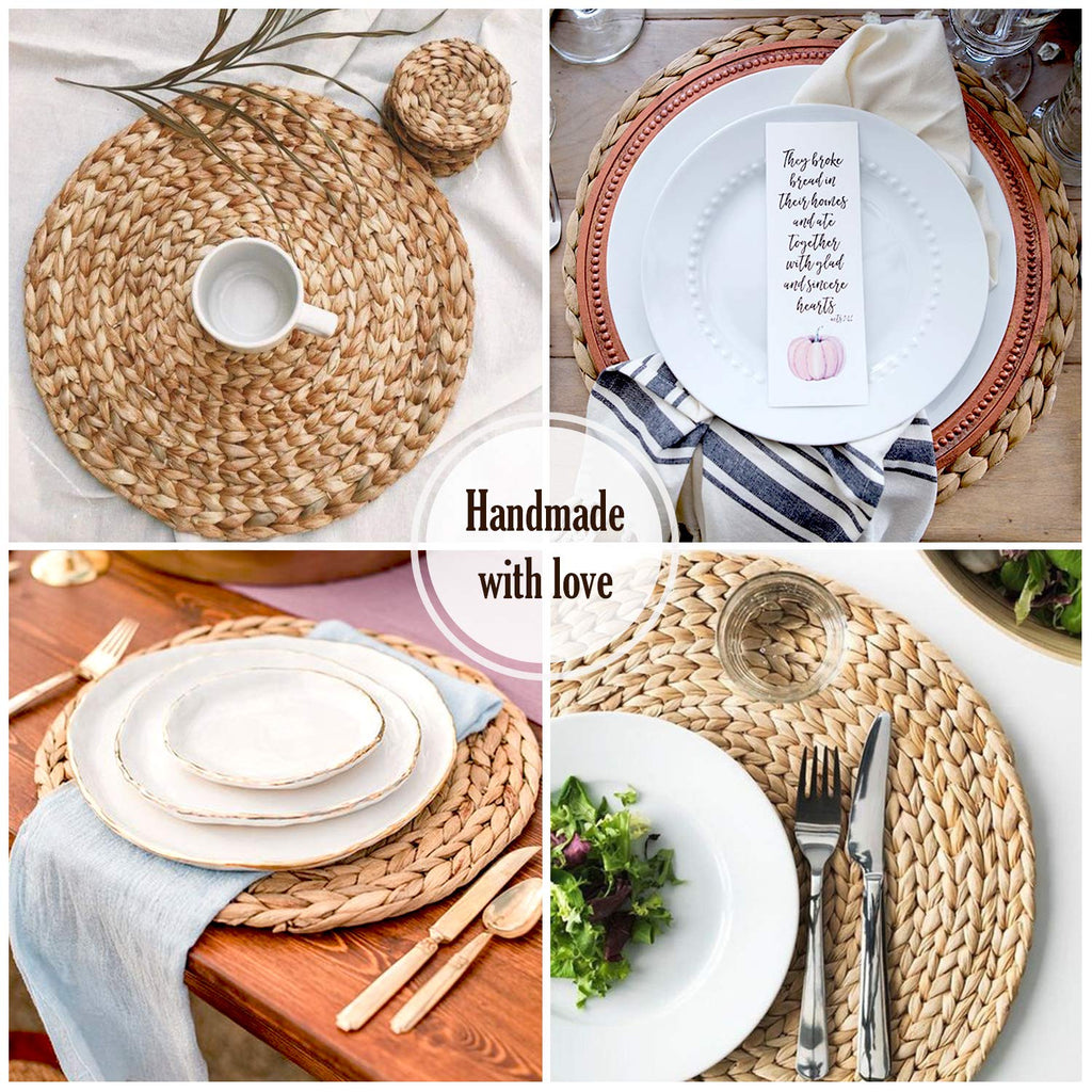 Round Woven Placemats Set of 10, 13.4 Inch Water Hyacinth Charger Plates with Clean Straight Rim, Bulk Handwoven