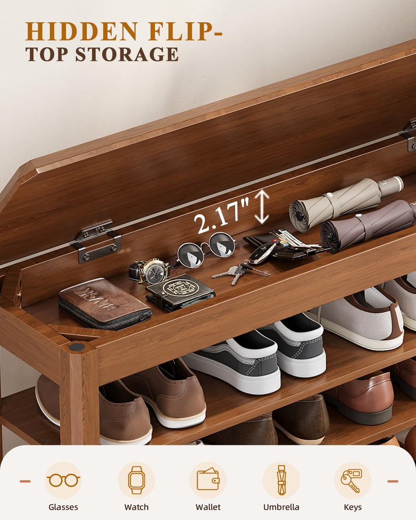 Shoe Rack Bench Seat Rubberwood 3-Tier Wooden Storage Bench 550lbs Compact Mid-Century Modern Design, Closet, Front
