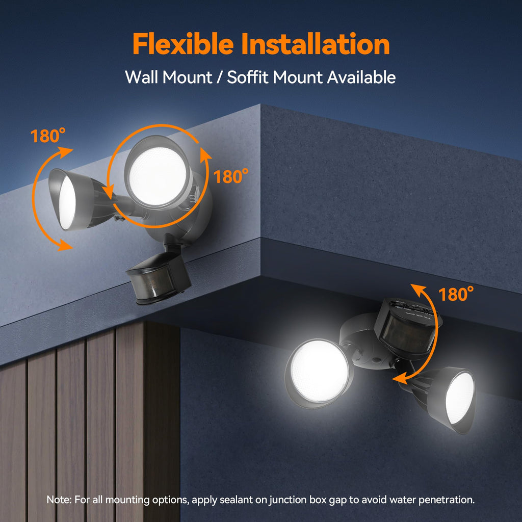 45W PIR Motion Sensor Outdoor Lights, Dual Head LED Flood Light, 5000K Daylight, IP65 Waterproof Hardwired