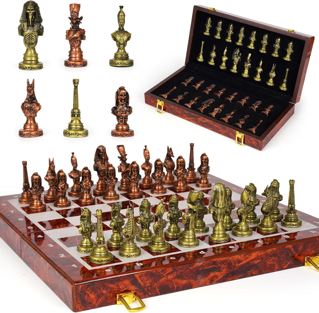 Large Egyptian Metal Chess Set for Adults - 15 Inch Foldable Wooden Chess Board with Weighted Antique Chess Pieces