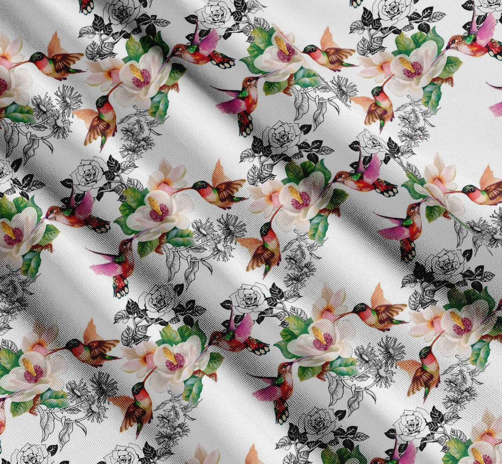 Cotton Poplin White Fabric - by The Yard - 42 Inch Wide - Hummingbird, Leaves & Flower Floral Textile - Playful and
