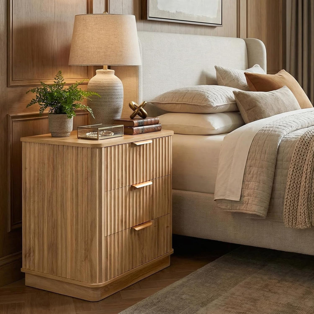 23 inch Wide Fluted Nightstand with 3 Drawers, Modern Curved Bedside Table,Wood Night Stand with Storage,End Table
