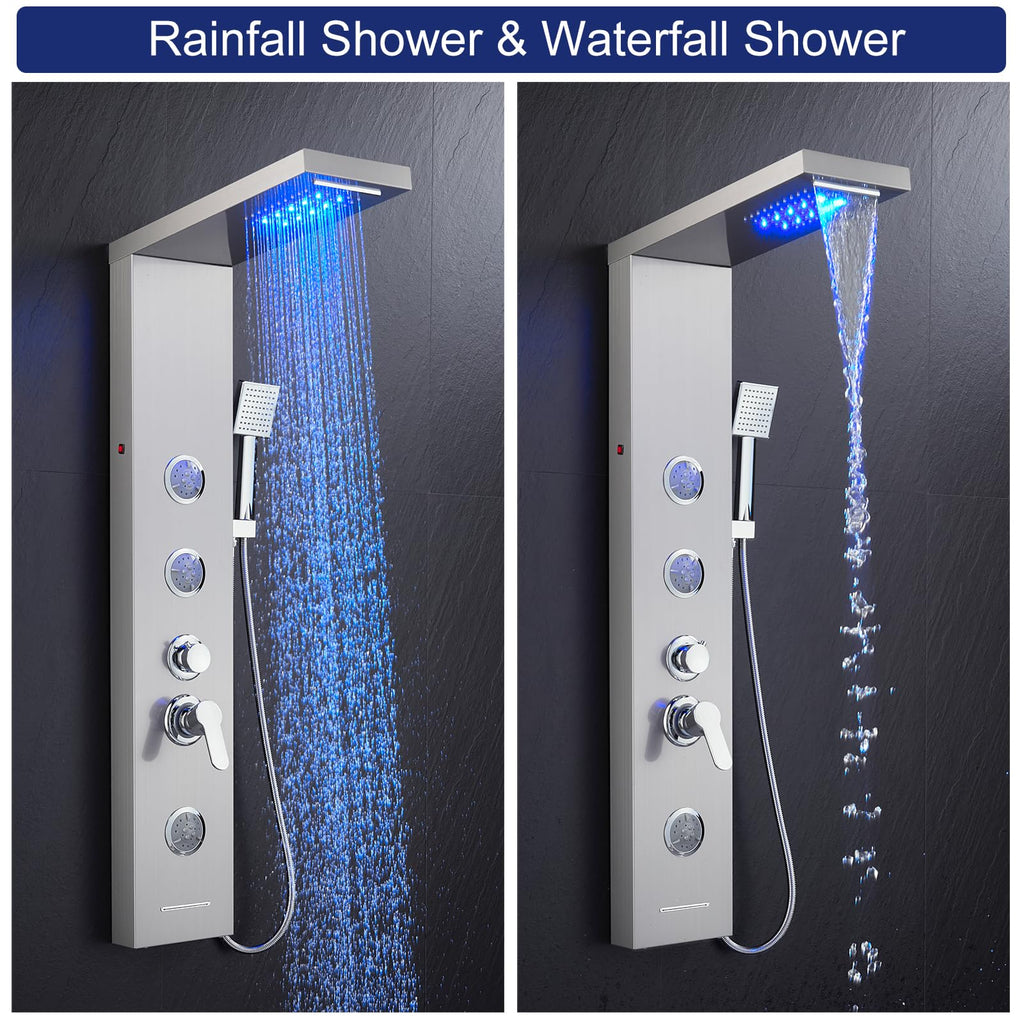 6-in-1 LED Rainfall Waterfall Shower Panel Tower System, Brushed