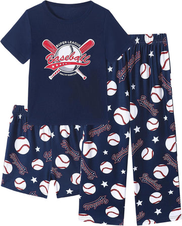 Boys Pajamas 3 Piece Summer Sleepwear Soft Short Sleeves Shorts Set & Long Pants Cool PJs