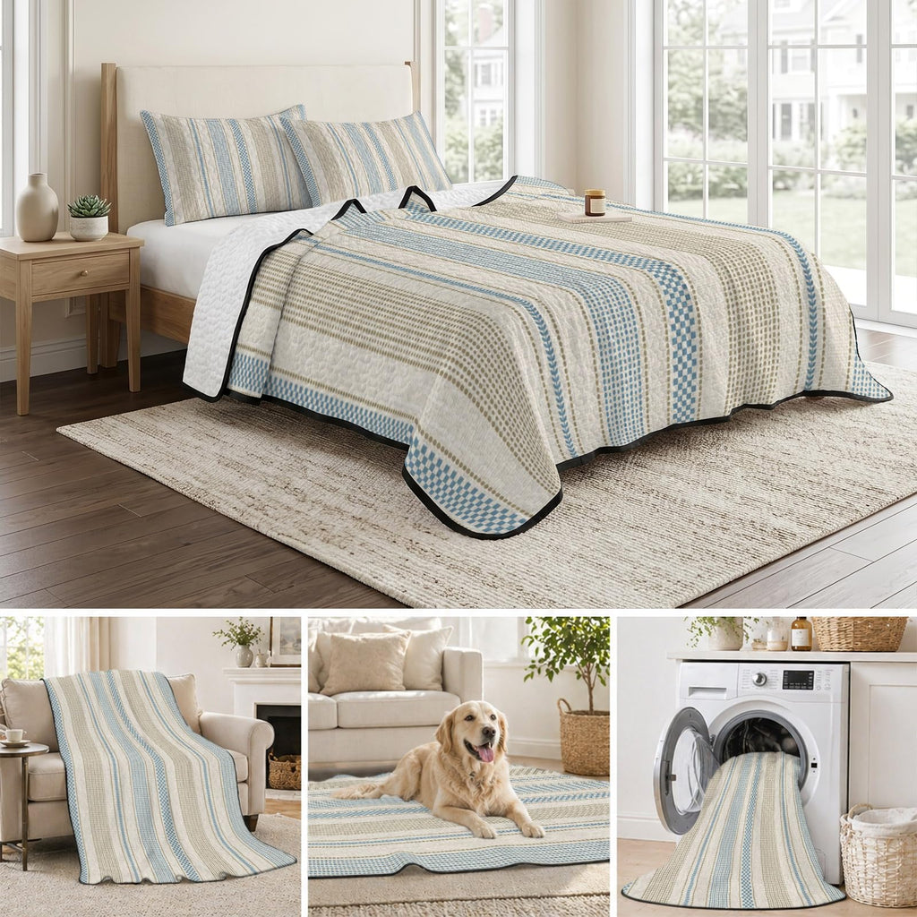 Vintage Striped Quilts Bedding Set Blue Brown Vertical Ticking Stripes French Country Lightweight Quilted