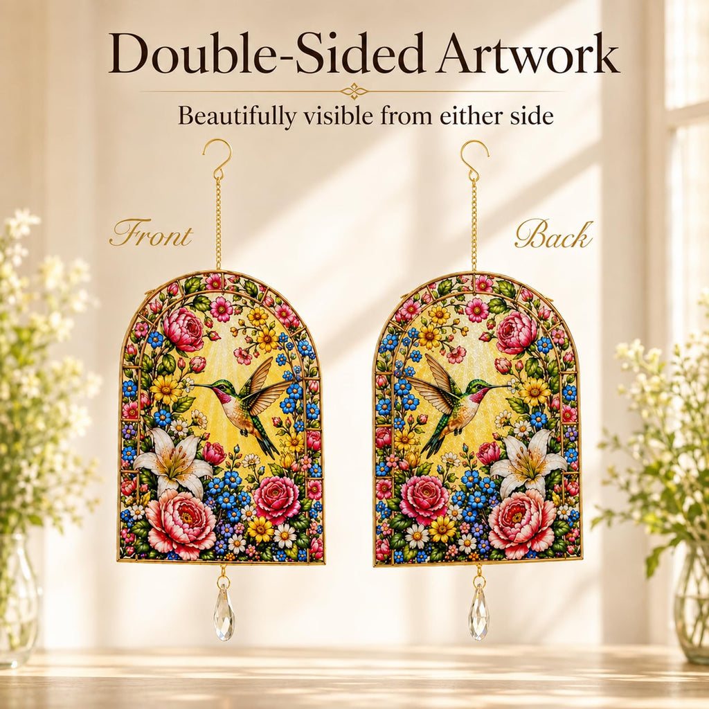 Hummingbird Suncatcher for Windows, Double Sided Tempered Glass Window Hanging, Floral Bird Stained Glass Style Sun