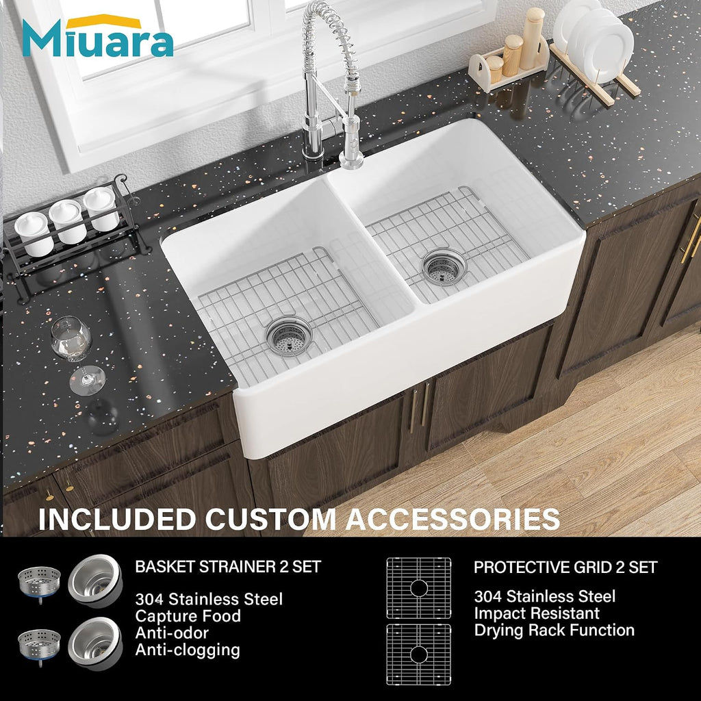 Double Bowl Farmhouse Sink 33" x 18" White Apron Front Kitchen Sink | , Large dual bowl 50/50, Heavy duty fireclay