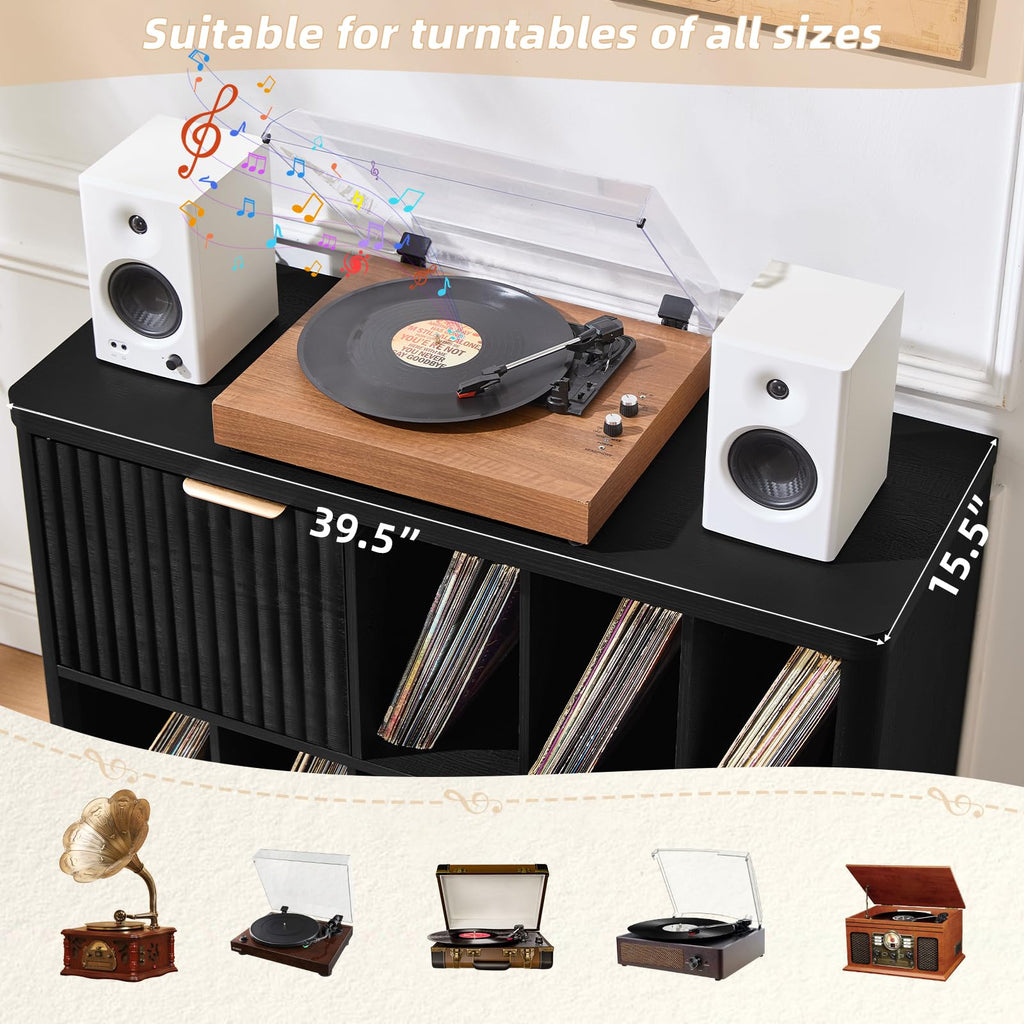 Large Record Player Stand with Vinyl Storage Up to 450 Albums, Wood Fluted Boho Record Storage Accent Cabinet, Modern