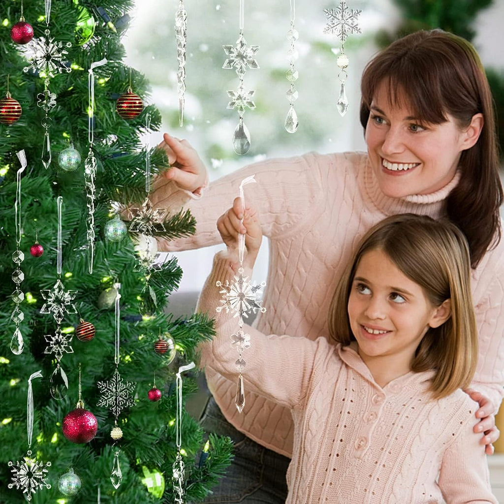 Crystal Christmas Tree Ornaments, Clear Acrylic Snowflake & Icicle - Set of 18