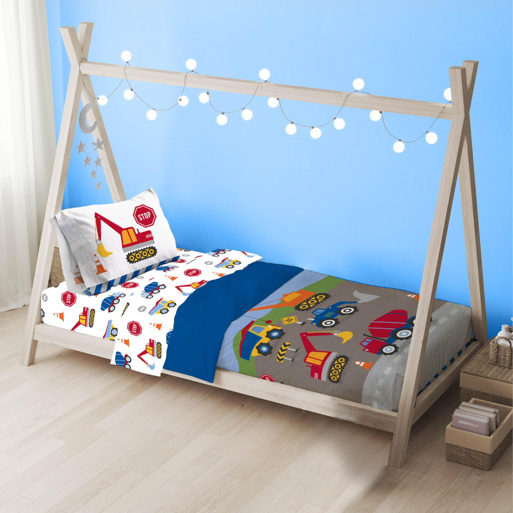 Construction Zone Toddler Comforter Set - 4 Piece Preschool Bedding Includes Comforter, Sheets & Pillow Cover - Super