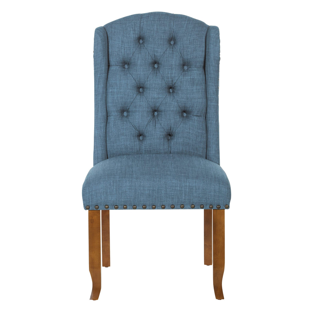 Jessica Button Tufted Wingback Upholstered Dining Chair with Wood Legs, Navy Blue Fabric