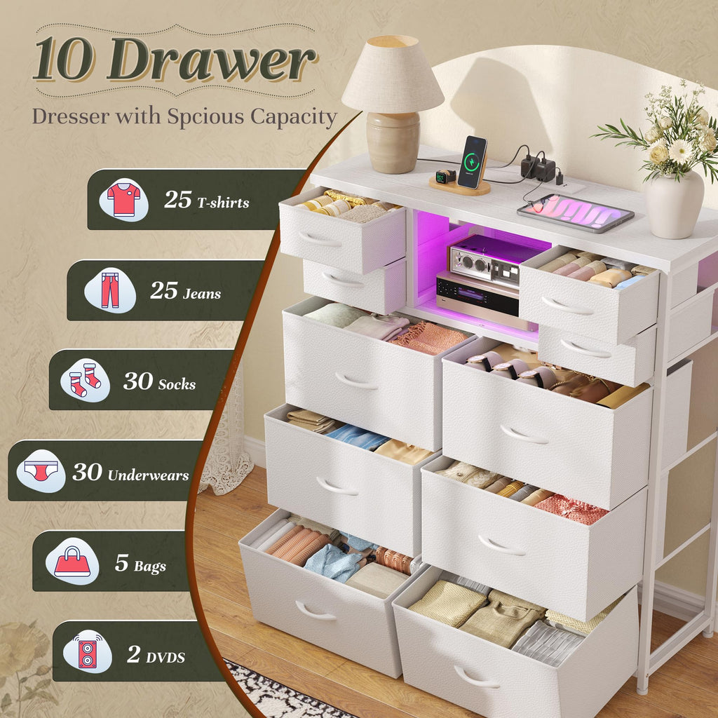 White Dresser with Charging Station & LED, 10 Drawers
