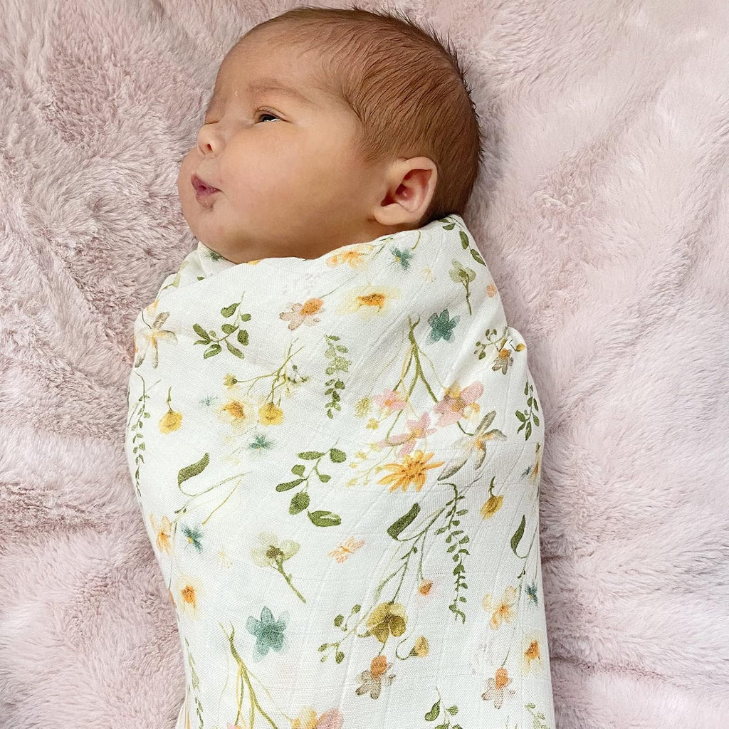 Newborn Swaddle Set with Matching Hat and Bow Set, Wooden Birth Announcement Card, Floral Baby Girl Newborn Receiving