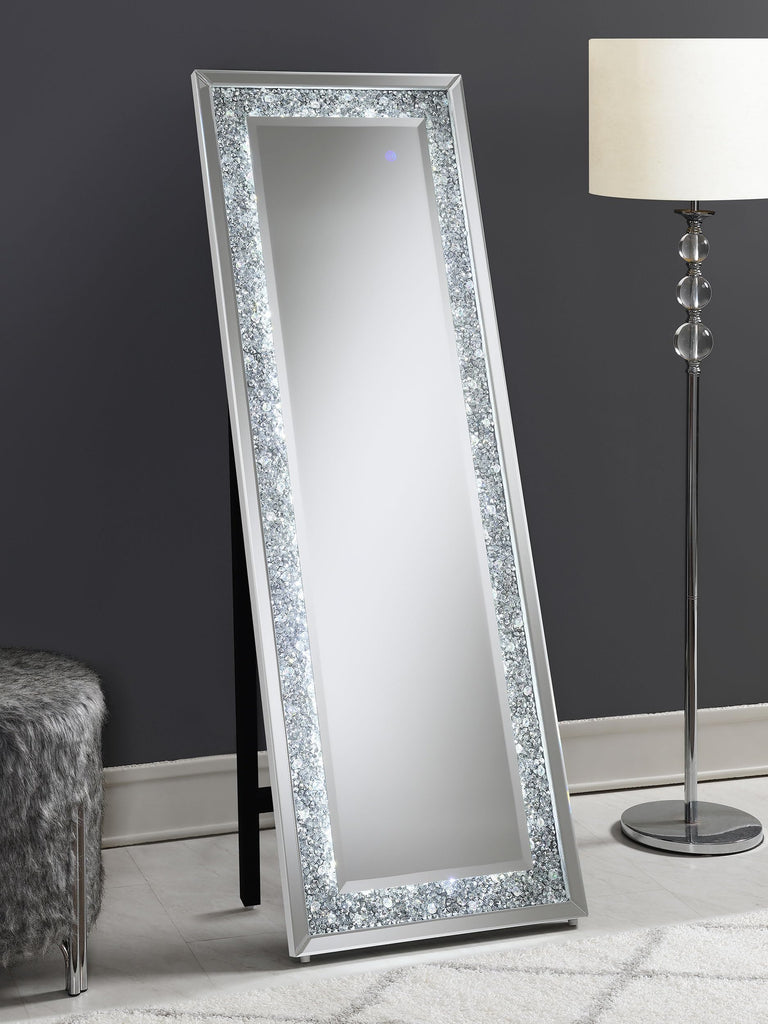 Furnishings Rectangular Full Length Standing Floor Mirror with LED Lighting Acrylic Crystal Inlay Silver 961427