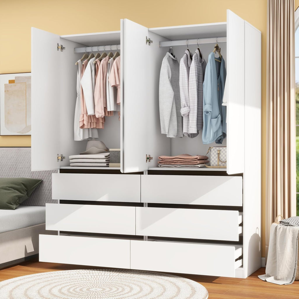 Bedroom Armoire Wardrobe Closet with 6 Drawers: White Wardrobe Closet with 4 Doors, Modern Cabinet for Clothes with