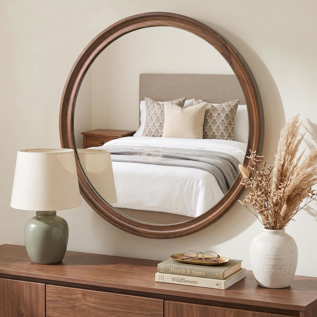 Round Wood Mirror, 26" Circle Mirrors for Wall Decor, Walnut Brown