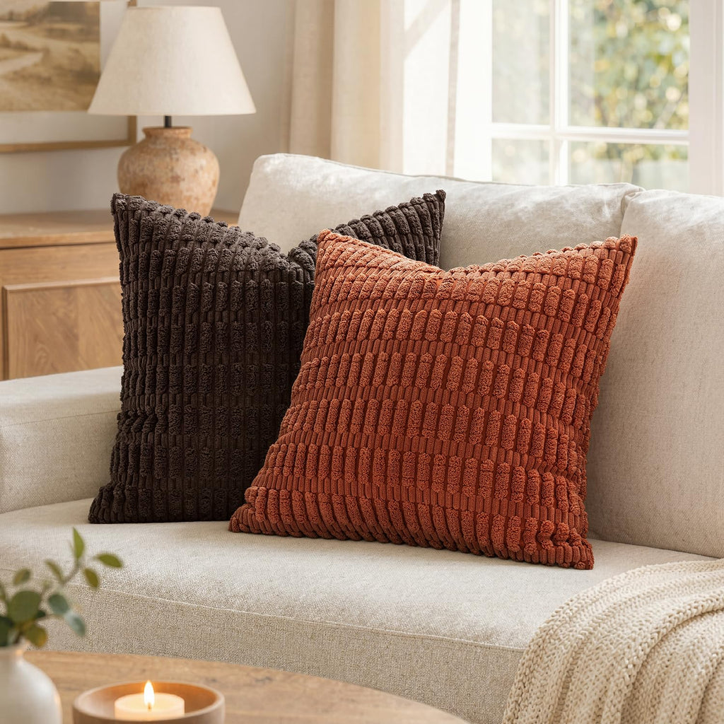 Fall Corduroy Decorative Throw Pillow Covers 18x18 Rust Pack of 2