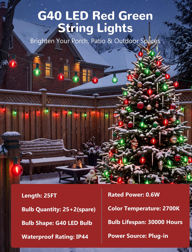 25Ft G40 LED Red Green Outdoor String Lights, 27 Shatterproof Globe Bulbs