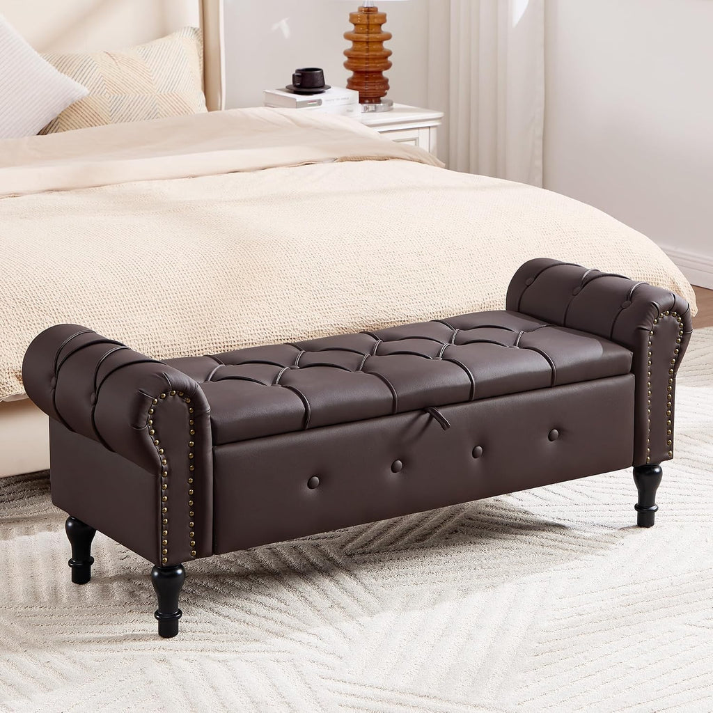 Storage Bench 51" Faux Leather End of Bed Benches Dark Brown | Queen Size Storage Bench with Rolled Arms Tufted
