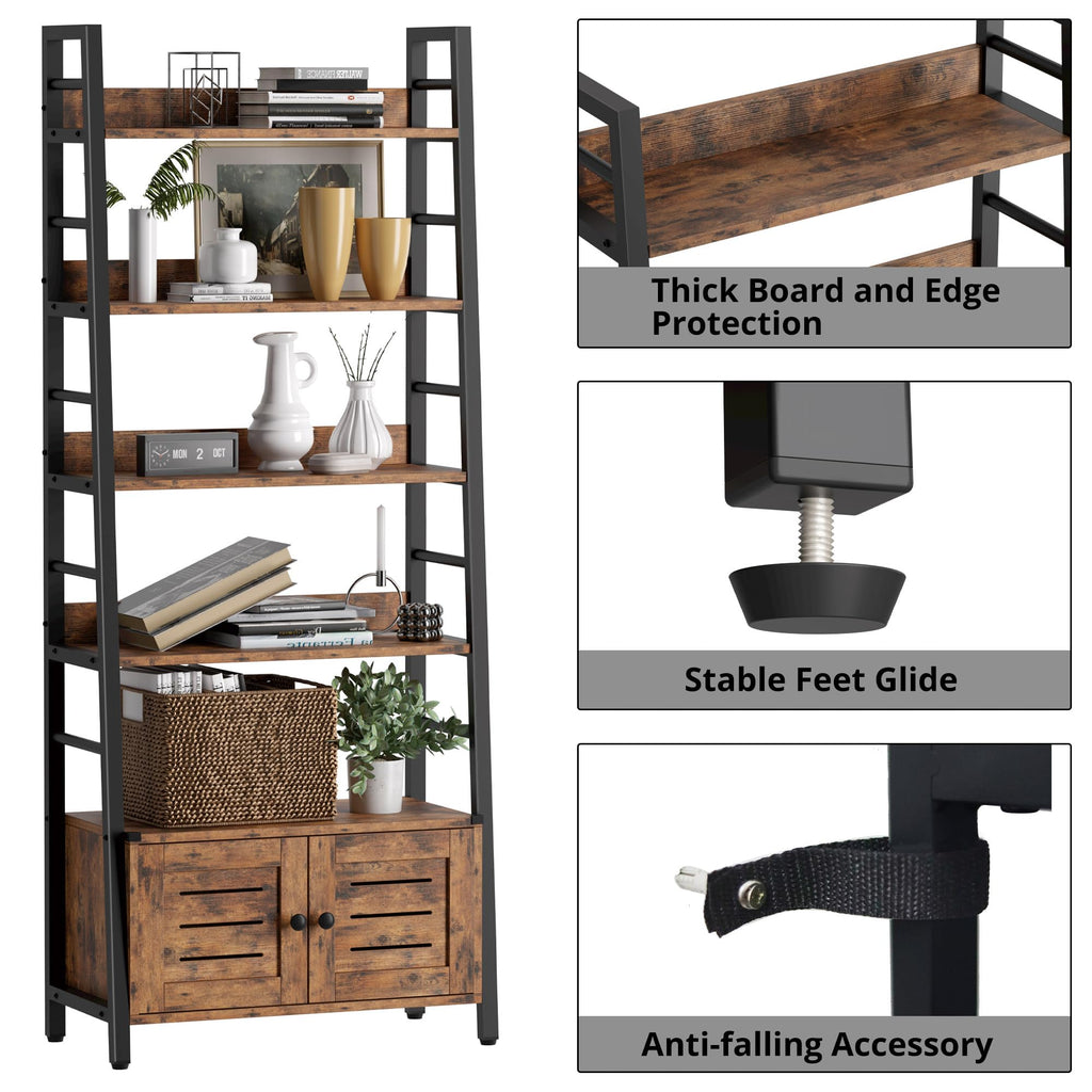 4 Tier Ladder Bookcase with Louvered Doors Rustic Brown