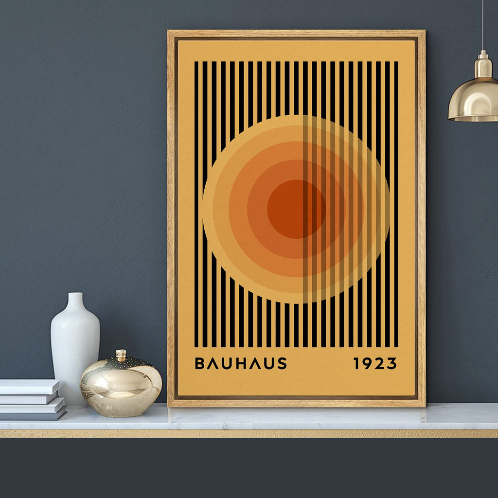 Framed Canvas Print Wall Art Mid-Century Bauhaus Multicolor Orange Circle Shapes Abstract Illustrations Modern Art