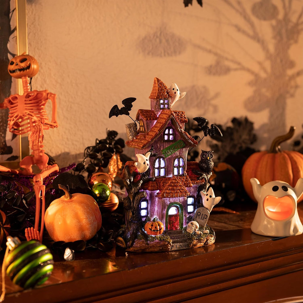Halloween Decorations, Lighted Halloween Village Houses with LED Lights, Resin Spooky Town Happy Haunted House