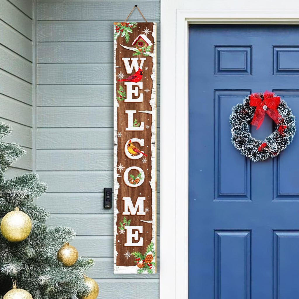Winter Snow Welcome Porch Sign Decor Birch Tree with Cardinals Wooden Hanging Sign Standing Decorative Signs Plaques