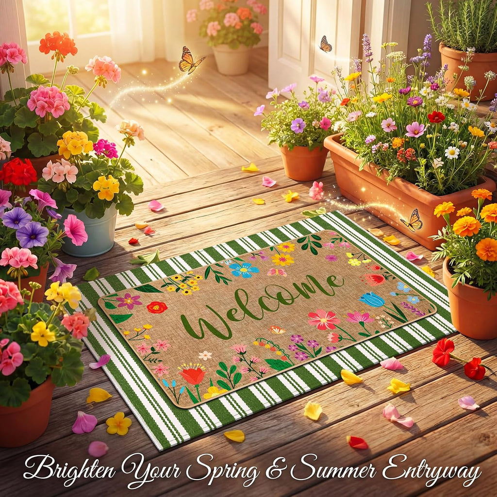 2 Pcs Summer Floral Door Mat Outdoor Wildflower Welcome Doormat for Front Door Linen Rubber Layered Flower Stripes