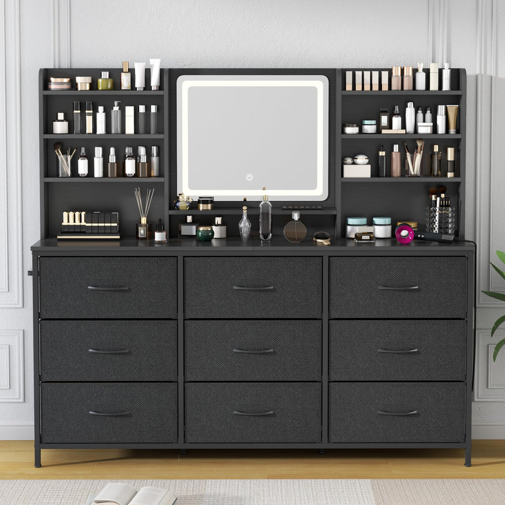9 Drawers Dresser with LED Mirror, 59" W Chest of Drawers