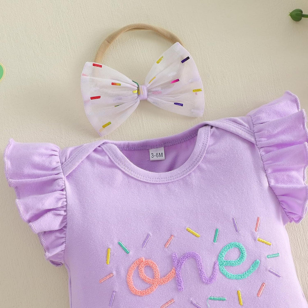 Baby Girl First Birthday Outfit One Year Old Sprinkle Romper Bodysuit Tulle Tutu Skirt with Headband