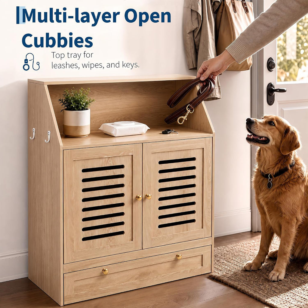 Dog Feeding Station with Storage & 2 Elevated Bowls, Natural