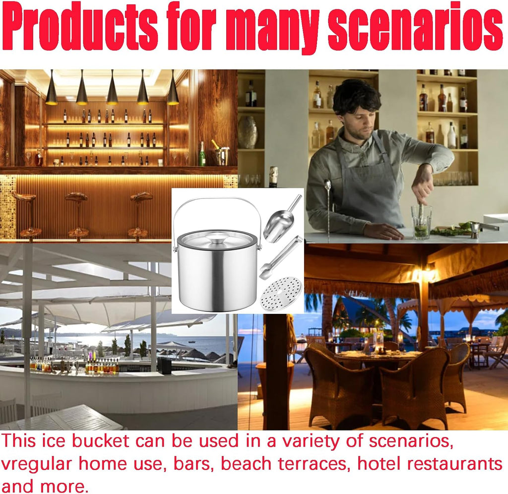 3L Double-Wall Insulated Ice Bucket with Lid, Ice shovel &Tongs and Strainer, Stainless Steel Ice Bath Tub