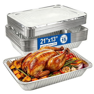 21"x 13" Full Size Aluminum Pans With Lids(15 Pack), Large Disposable Tin Foil Pans with Lids, Heavy Duty Roasting