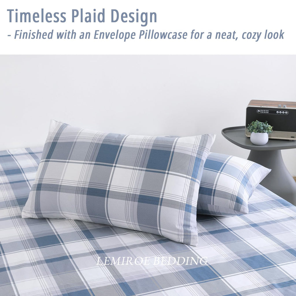 Modern Denim Blue Gray Plaid Cotton Comforter Set 3PC
