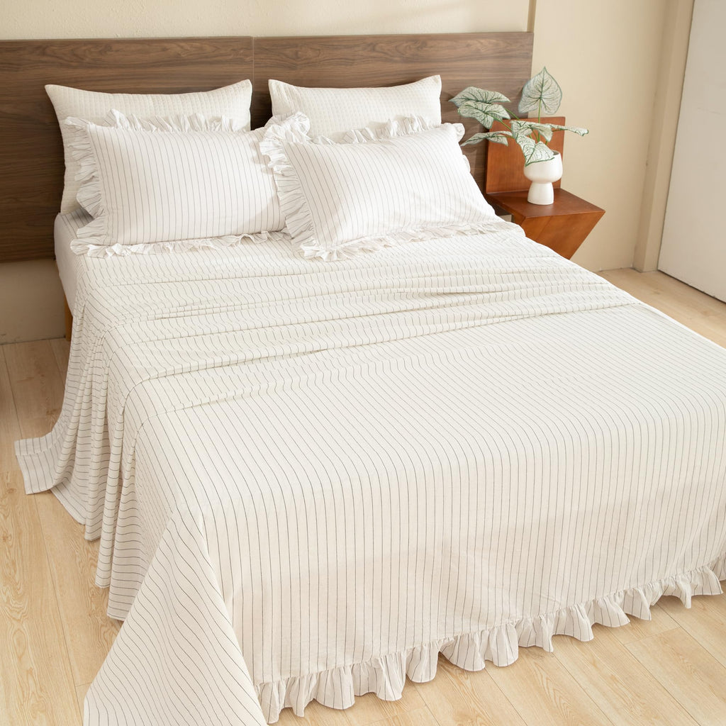 White Grey Stripe Sheet Set, Ruffle, Cotton, 17.5" Deep Pocket