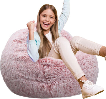 Fluffy Bean Bag Chair for Kids, 2.5FT Round Memory Foam Filled Bean Bag for Teens & Kids, Ultra Soft Faux Fur Fabric