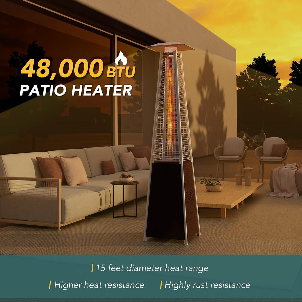 Patio Heater, 48,000 BTU Pyramid Flame Outdoor Heater with Cover, Quartz Glass Tube, 87" Hammered Bronze Tower