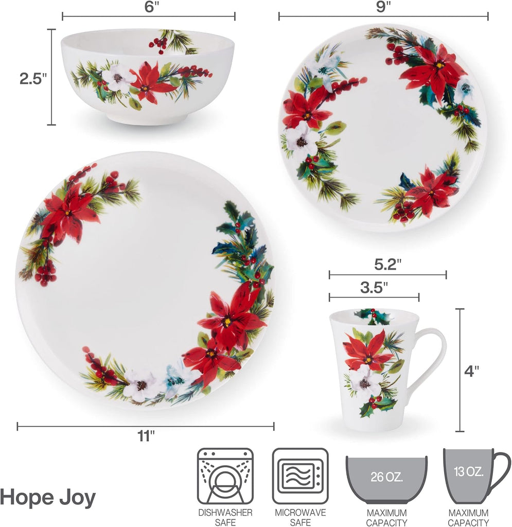 Hope Joy Holiday Poinsettia Bone China Lightweight Chip Resistant 16 Piece Dinnerware Set, Service for 4, Multicolor