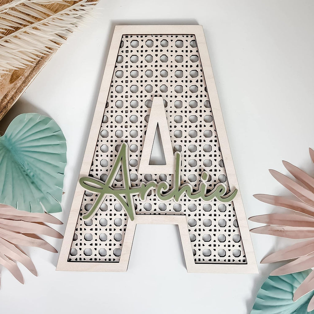 Boho Wood Personalized Initial & Name Sign - Rattan Wall Decor or Child's Bedroom - Baby Shower Present or Newborn