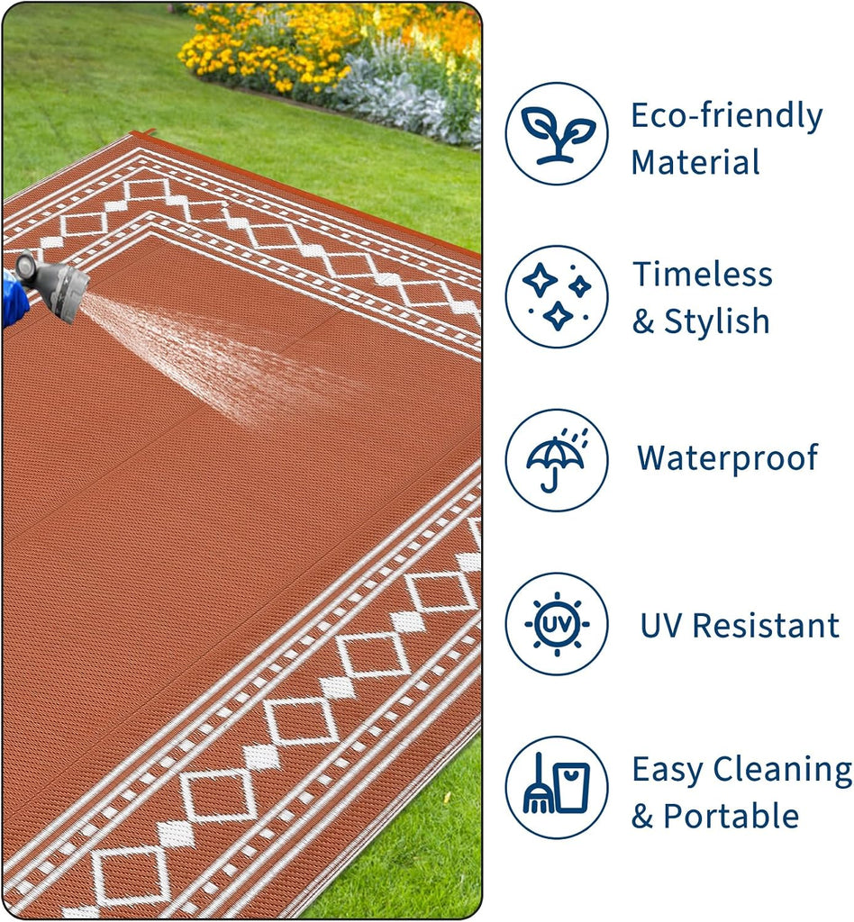 Outdoor Rug 9x12 Diamond Border Area Rugs for Indoor and Outdoor Patios and Porches - Waterproof, Washable
