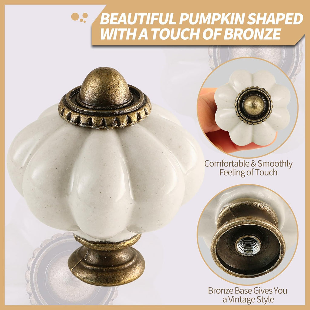Antique White Pumpkin Knobs 2 Pack Ceramic Cabinet Knobs Vintage Drawer Pulls - Antique Dresser Pulls with Screws