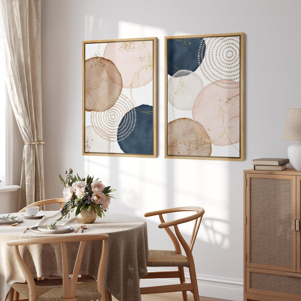 Framed Wall Art Print Set Pastel Watercolor Vibrant Circle Collage Abstract Shapes Illustrations Modern Minimalist