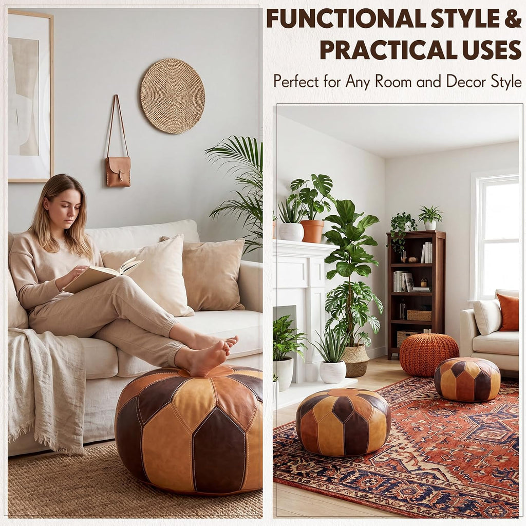 2 Pcs Unstuffed Moroccan Faux Leather Pouf Ottoman with Storage Round Boho Floor Pouf Foot Stool Decorative Ottoman