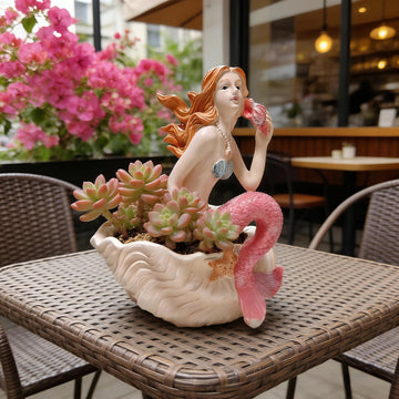 Mermaid Resin Planter Statue, Conch Base Succulent Flower Pot Garden Nautical Decor (Pink)