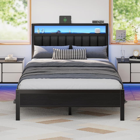 Full Bed Frame with Charging Station and LED Lights, Platform Bed with Metal Slats